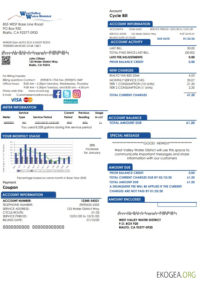 USA California West Valley Water District utility bill template in Word and PDF format